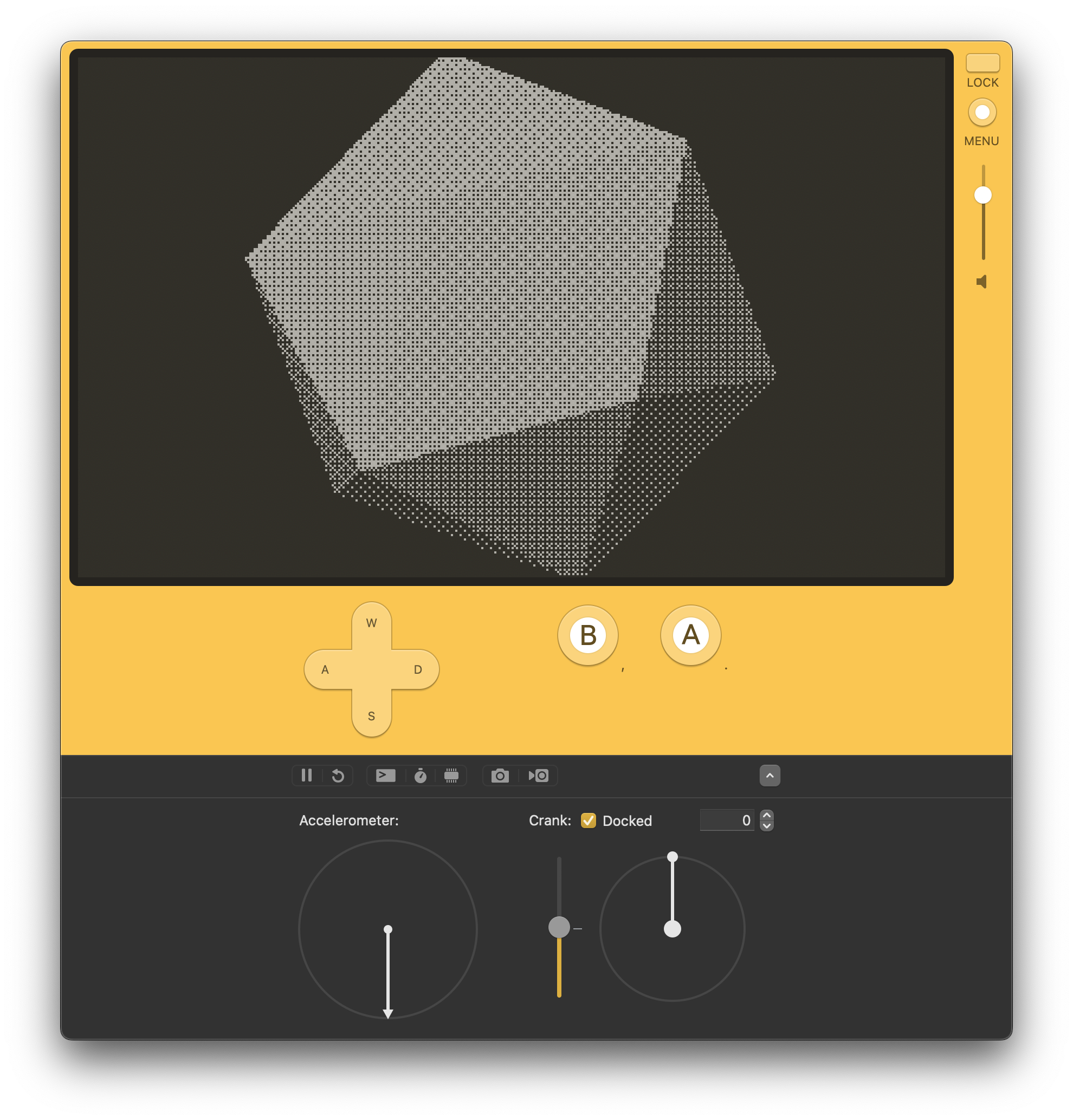 Screenshot of the Playdate simulator running the icosahedron example from the SDK